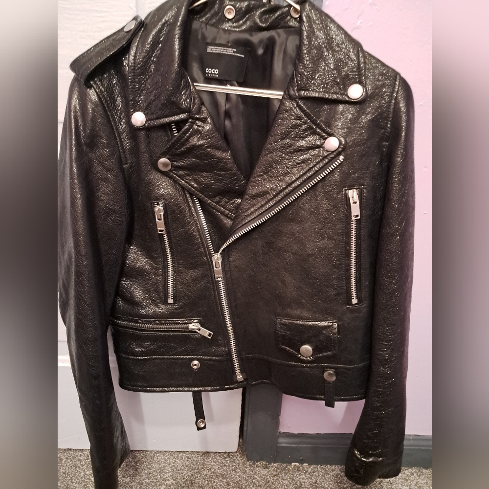 Black Vegan Leather Glitter Jacket By COCO Size Small